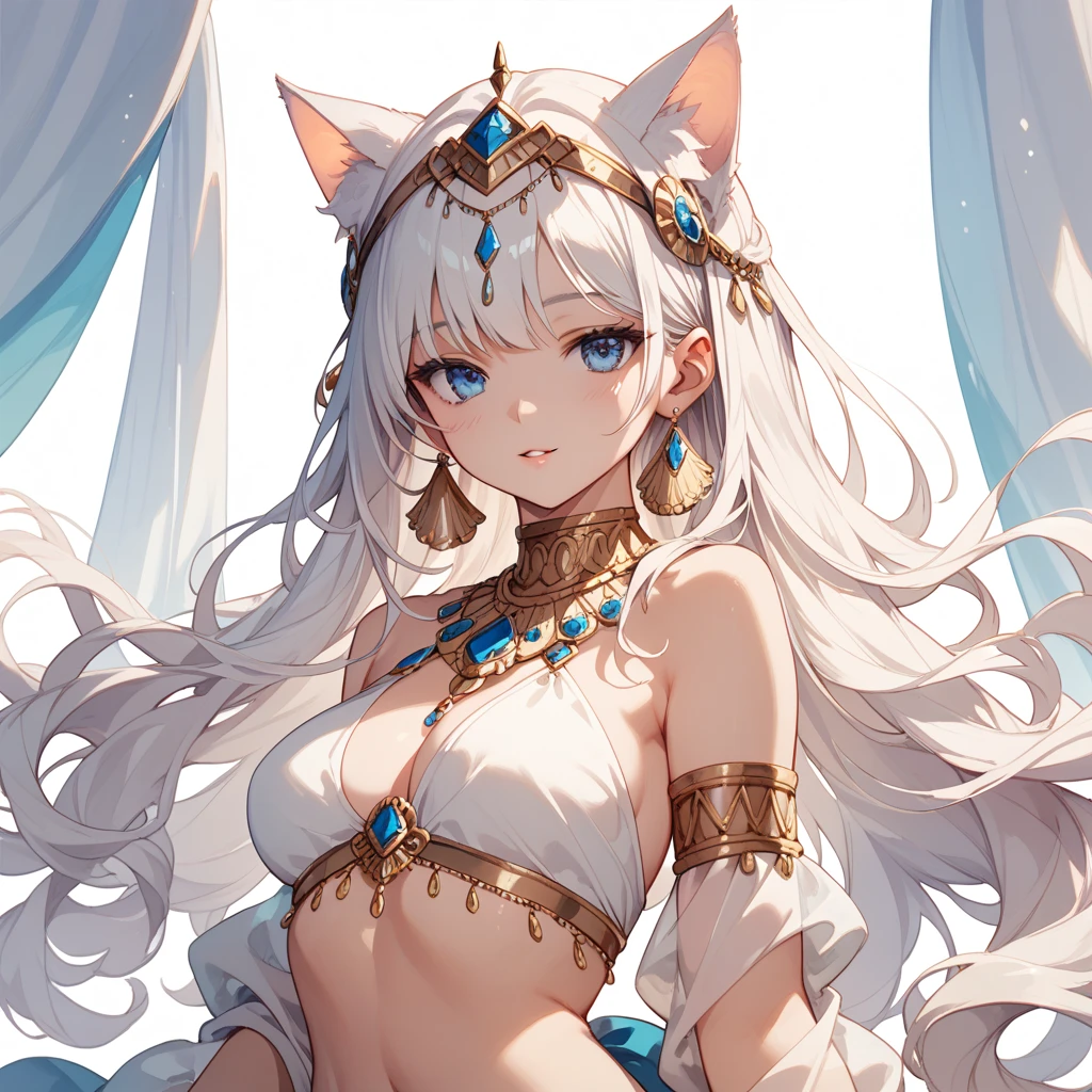 White split split long dress, black stockings, pink fox ears (pink and white gradient, fluffy) long white hair (fluttering in the wind) gold fine circle jewel decoration on the neck, gem decoration on the calf and arms, red gemstone hanging on the forehead, bad smile, seductive beauty, full of charm, impulsive, mature beautiful woman, mythical, epic, shiny skin