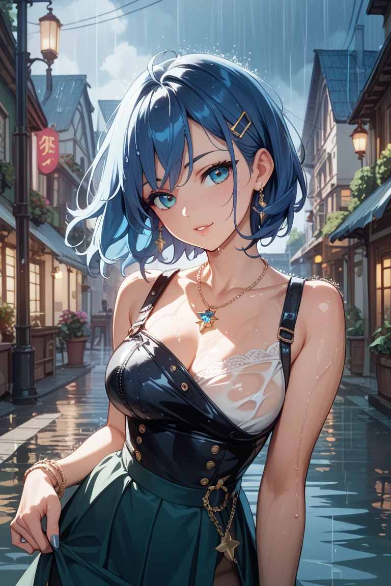 ((((((A smile with double teeth)))、silver short cut hair、(Right bangs parted)、I can see her cleavage、(((Boyish clothes)))