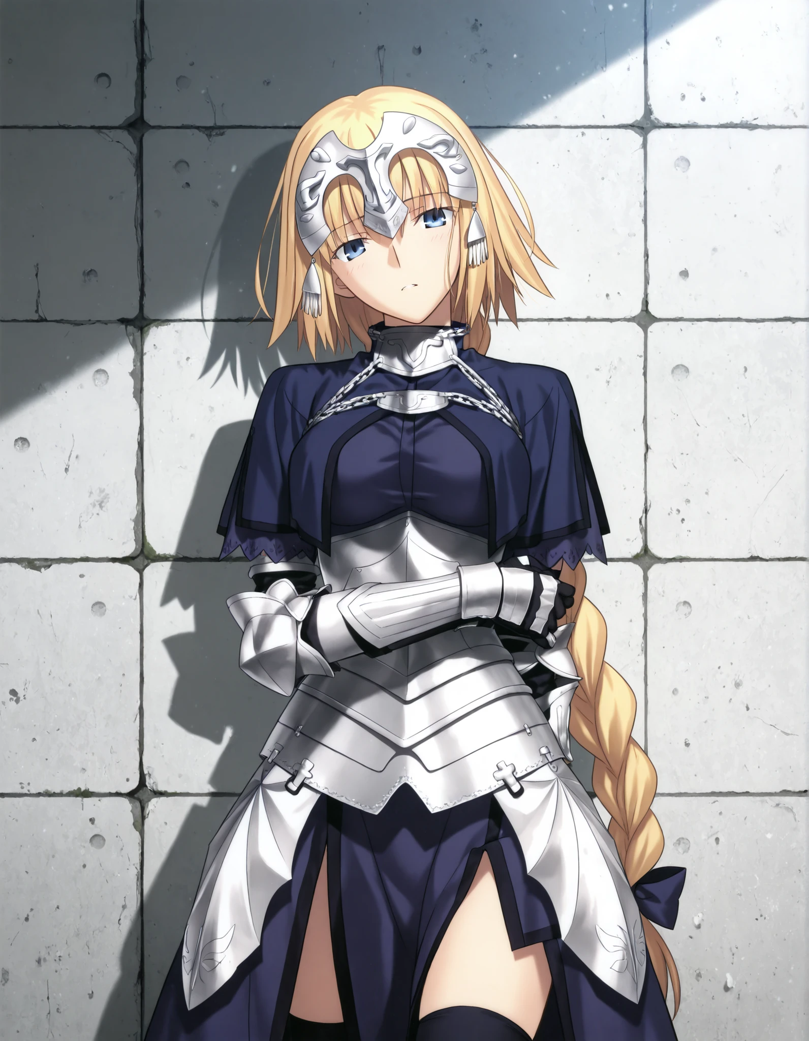 masterpiece, , absurdres, highres, detailed background, high resolution, masterpiece, necessary, detail, best quality, quality, necessary, details, High details, Precise, , , outdoors, , (cowboy shot), ((light gray concrete wall)), (cinematic light), , solo,
1girl, , Takeuchi Takashi (type-moon,tsukihime) style, takeuchi takashi style, (hold own arm, ), head back,(head tilt),seriously, ,
girl, slim arms, jeanne d arc, \(fgo\), blue eyes, half^closed eyes, jeanne d arc, blonde hair, medium hair, , single braid, ((very big braid, huge braid)), , armor, armored boots, armored dress, black gloves, black thighhighs, braid, dress, gauntlets, gloves, headpiece, blue dress, single braid, medium breasts, , looking at viewer,,