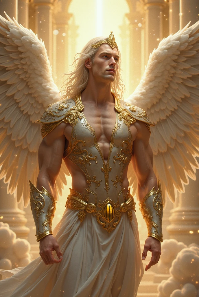 A gentle, white-winged male Asian feature albino angel (simple design) - Soft colors, with a subtle glow, white wavy 8" hair, white skin, light blue color eyes, most handsome masculine male angel, 11'0" tall, white and gold large wings, built-in gold armor on chest and arms, large muscular biceps, large thighs, chiseled ads, define jawline, pearl white lower garment, 32K UHD, masterpiece, best quality, style raw, walking through an enchanted garden of Eden. - Ethereal background, with a subtle texture, naked chest, lined with gold, Large white and Gold wings. the angel is a man