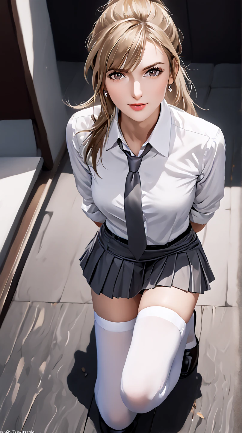 ((Beautiful feet)),(((Black Stockings))),((Lace panties)),((school uniform)),((loafers)),(((Pleated mini skirt))), ((White blouse)),((Correct ???????)),((Crouching on the stairs)),Ultra-high resolution, Mature Woman, Mature Woman, Very detailed, ((Big Tits)), Perfect hands, Detailed fingers, Beautiful details,((Long blonde hair)),((ponytail)),Black choker, Earrings,Perfect Eyes, Seductive eyes,School stairs