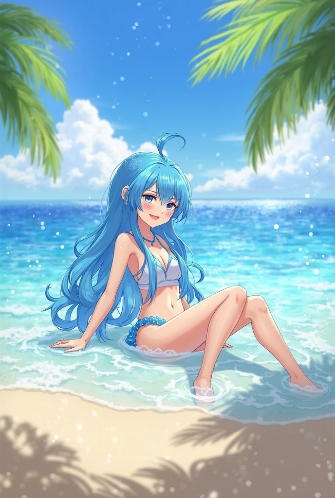 (((( light blue long hair)))),light blue hair, , long hair ,masterpiece, best quality,(((((a very delicate and beautiful girl))))),Amazing,beautiful detailed eyes,,,,, affectionate smile, (true beautiful:1.2),Golden Beach,Sandy coast,Sparkling waves,Palm tree,vibrant sunset,Shells on the golden beach,Clear water,Tropical Paradise,Peaceful atmosphere,Gentle breeze,Glittering reflections,Beautiful views of Tropical Paradise,Stunning views,Sun-kissed skin, light blue long hair　Girl swinging in hammock,barefoot,,Seagulls soar,Endless Summer,Unforgettable,(tiny 1girl model:1.2),)(flat chest),