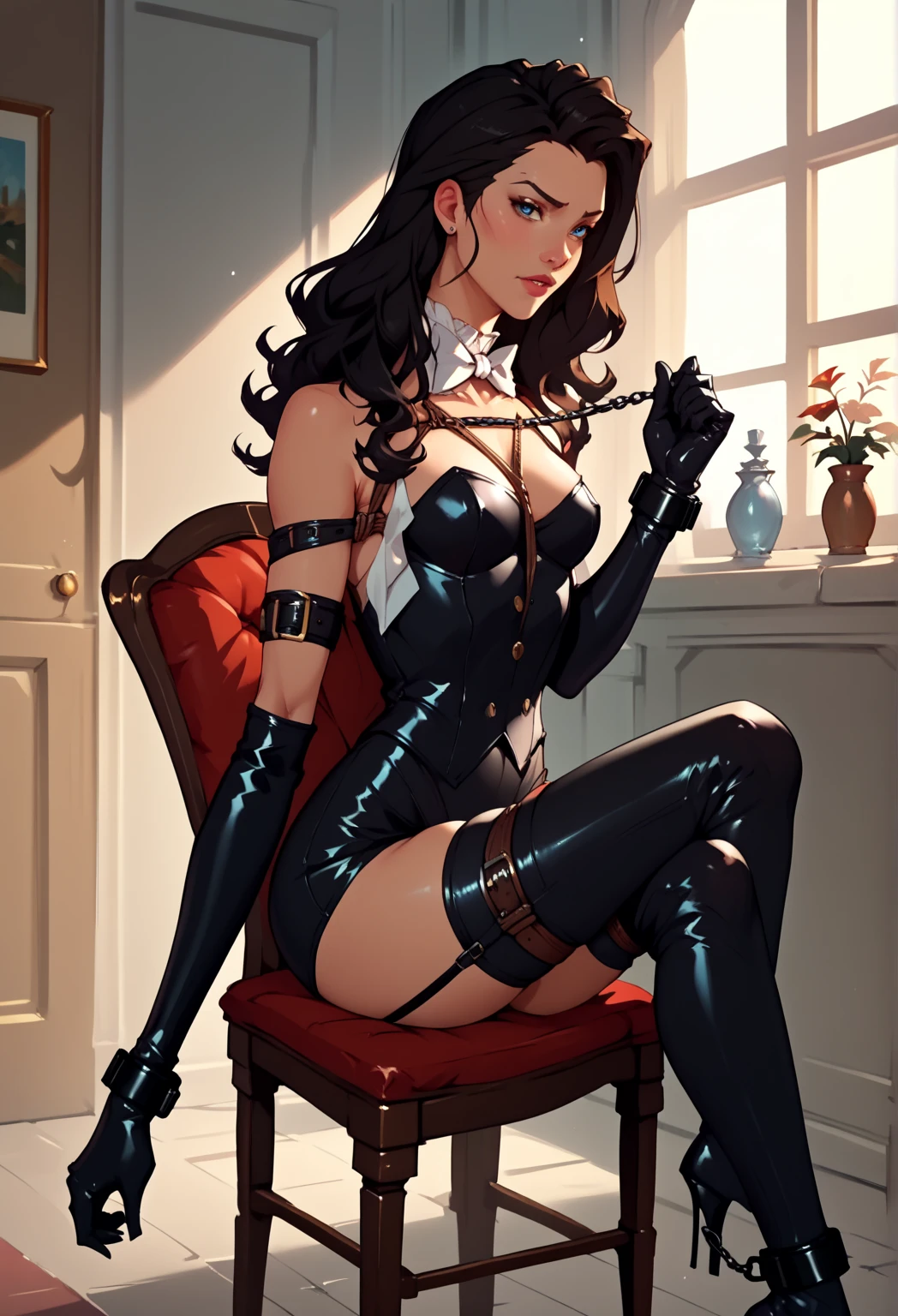 Naughty face, red lips, snow-white skin, (highly detailed skin: 1.2), nun dress, zipper latex clothes, shackles, shoulder tattoos, satin, convex, slender abs, camel toes, black gloves, thick thighs, fishnet pantyhose, high-heeled boots, full body, looking at the audience, (masterpiece), (best quality: 1.2), absurd, intricate details, sunlight, cinematic lighting, shadow, pov, symmetry, textured skin, high detail