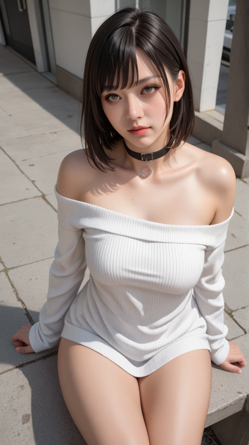 best quality, ultra high res, (photorealistic:1.4), 1girl, off-shoulder white shirt, black tight skirt, black choker, (faded ash gray hair:1), medium breasts, looking at viewer, closeup