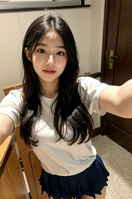 Selfie of busty, long-haired woman in short-sleeved clothing