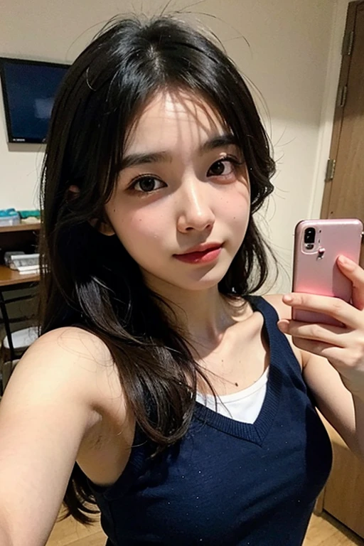 standing with one hand raised and making a peace sign with two fingers clearly visible. The other hand is holding a phone to the side, not interacting with the peace sign hand. The character should have a smiling expression. Ensure the peace sign and the phone are distinct from each other.