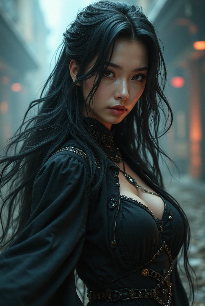 long hair, on fours, from below, sexy, off shoulder, (wide steel collar), leash, deep cleavage, old woman, looks at camera