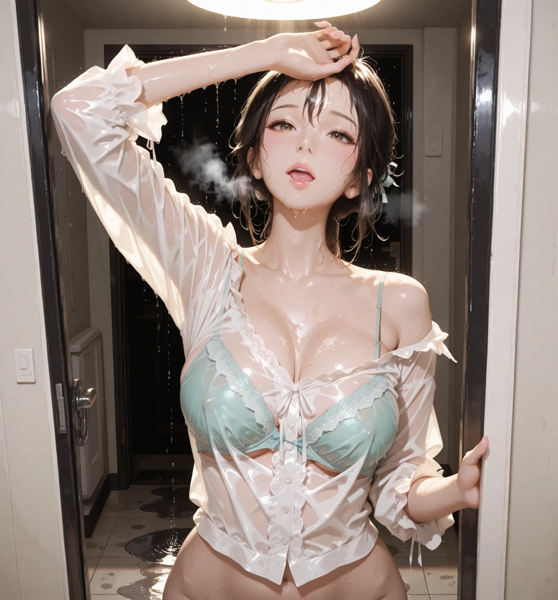 ((最佳质量)), ((nmasterpiece)), (Detail:1.4), 3D, A beautiful cyberpunk female image,hdr（High dynamic range）,raytraced,NVIDIA RTX,hyper resolution,illusory 5,Subsurface scattering、PBR Texture、post-processed、Anisotropic filtration、Depth of field、maximum definition and sharpness、multi-layer texture、Albedo e mapas Speculares、Surface Coloring、Accurate simulation of light-material interactions、perfectly proportioned、octane rendered、Two-colored light、Large aperture、Low ISO、White balance、Rule of thirds、8K raw data，Barefoot，Open navel，white blouse shirt，no-bra，No panties，(((Clear wet shirt)))，(((sexly)))，Sit in the bathtub and soak the entire butt，Turned to people，Head to people，Vaginal thrust by