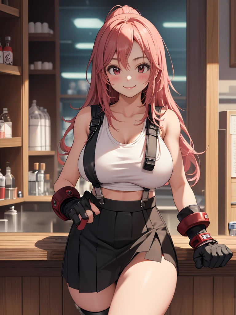 (score_9, score_8_up, score_7_up), BREAK (masterpeace),(best quality),(aesthetic,very aesthetic),(highly detailed),(mid).1girl, tifa lockhart, final fantasy,(beautiful). 1girl huge large breasts, pink hair, low-tied long hair, red eyes, bangs, white tank top,gap, belt, pleated skirt, thighhighs, elbow fingerless gloves, elbow pads, midriff, navel,suspender skirt.zettai ryouiki,(giant_breasts:1.3),Solo,upperbody,looking at viewer, vibrant, joyful,cafe and bar,(Emphasize the cleavage),hands on counter,Showcasing cleavage:1.3 ,counter,straight-on,breast focus,from feet,dynamic angle,professional lighting,cinematic lighting