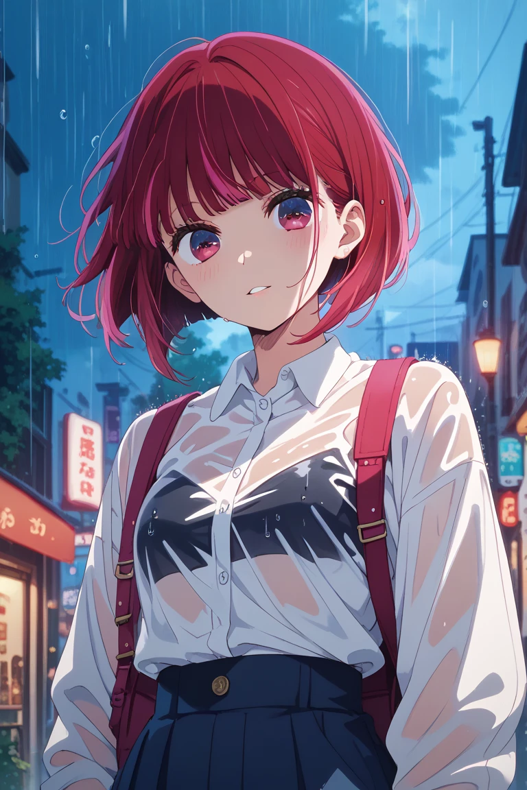 (masterpiece, top quality, high definition), (big) Kana Arima (Oshinoko), Black Beret, (White Shirt), Red Necti, Long Sleeve, black_headwear, Solo, upper_body, Shirt Upper eyes
