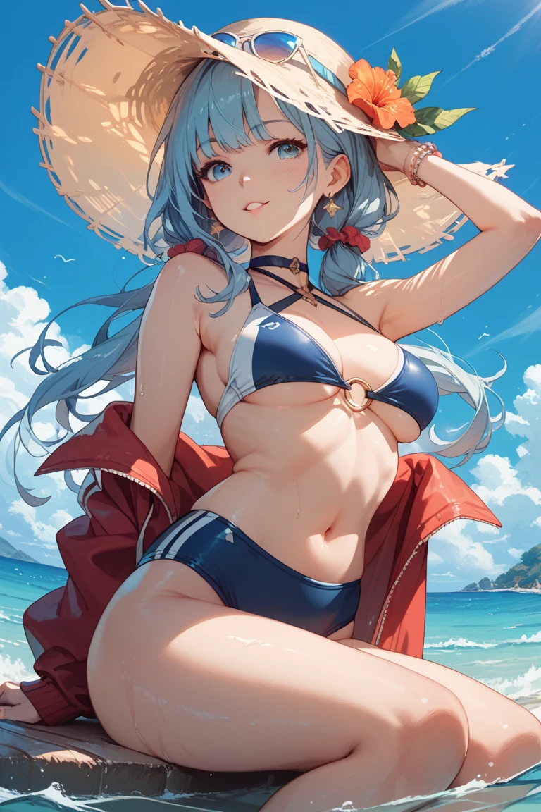 Nsfw,Masterpiece, beautiful art, professional artist, 8k, art style by sciamano240, very detailed face, detailed hair, detailed clothes, detailed fabric, 1girl, perfectly drawn legs, beautiful face, long hair, light blue hair , very detailed blue cat eyes, cute smile, wearing string bikini, necklace, chocker, rosey cheeks, beach setting, model headshot ,zoom in face, show details in eyes, upclose view, looking at viewer,