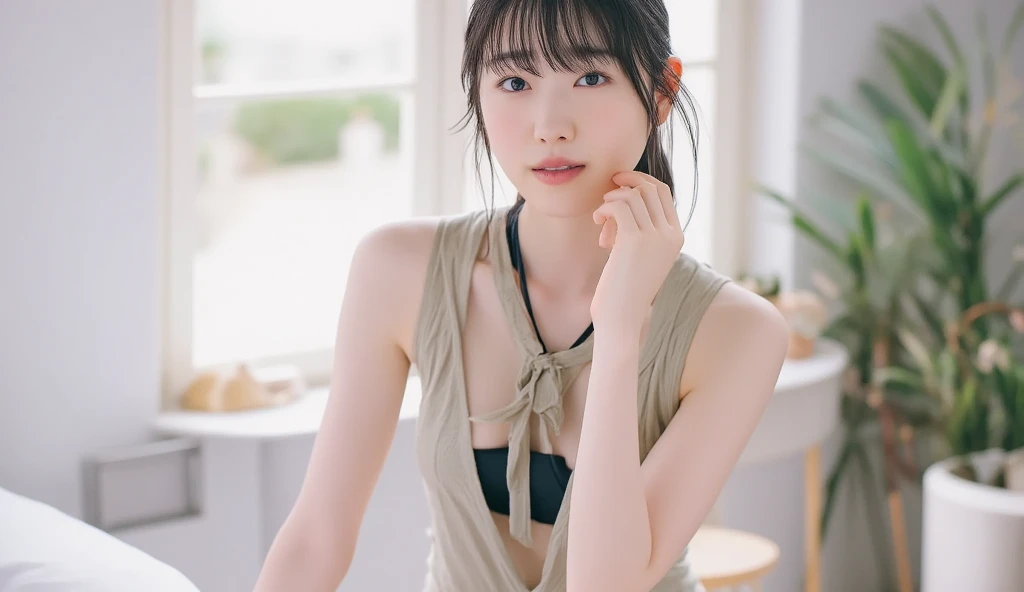 (8k, RAW Photos,highest quality, High resolution:1.1), (Ultra-realistic:1.4),(Realistic, Realistic:1.3),The Beauty of Japan、Rhythmic gymnastics club、Rhythmic Gymnastics Uniform、((Upper Body:1.3)),holding panties 