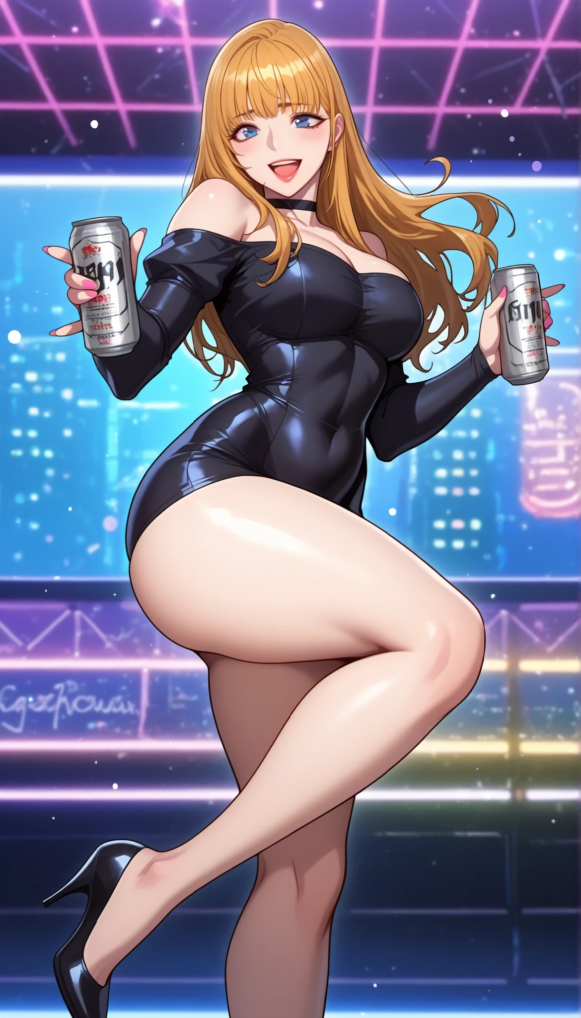 (PONY XL) Liya - FITNESS [ MANHWA], gorgeous pretty adult woman with orange-blonde long hair, forehead hair bangs, big blue eyes, fair natural skin, pink nails, small yet slightly plump breasts, plump light-red lips, small waist, and a perfect slim body. She's wearing a revealing off-shoulder mini short tube black dress with a straight neckline and attached long tight sleeves, and a choker. She's posing and playfully dancing, holding one beer can, laughing, and is in a light flickering disco bar. Show from her head to knee, SOLO, and super hyper-detailed