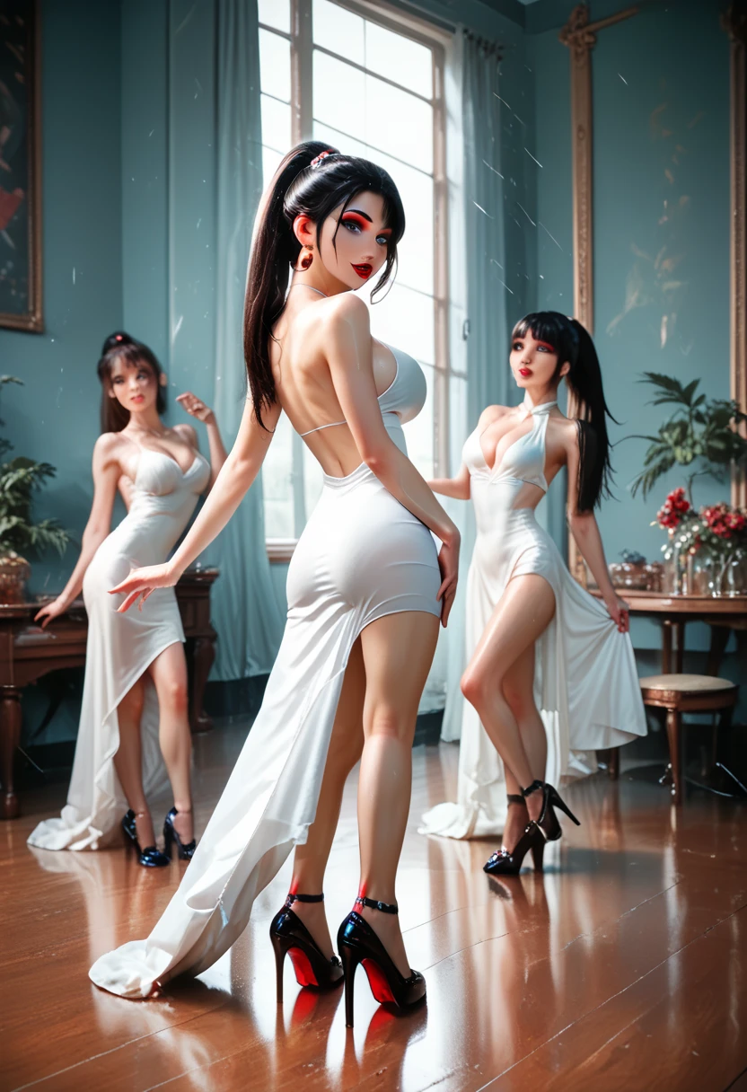 (Full Body of Extremely Detailed((Sexy Maid Group in a row:1.37))), KAWAII perfect face, Reflective Eyes, Detailed(Delicate Clothing textures), Correct Leg Line, Dynamic Joyful Expressions LifeLike Rendering, Specular Reflection, TopQuality 8K Ultra-detailed masterpiece (ProfessionalPhoto:1.37), (Acutance:0.8), (Luminism:1.28), Renaissance art style, Colorful Light particles, ((Full body from side)), {MicroMini Skirt|Kissing|Undressing|Thigh Gap|AssFocus|(NakedApron with SideBoob)}, Radiant Fine Skin with Transparency, (Exposed:0.4), {Pink Hair|LightBlue Hair|Platinum Blonde|Pure White Hair|Liquid Hair}, Perfect Lighting