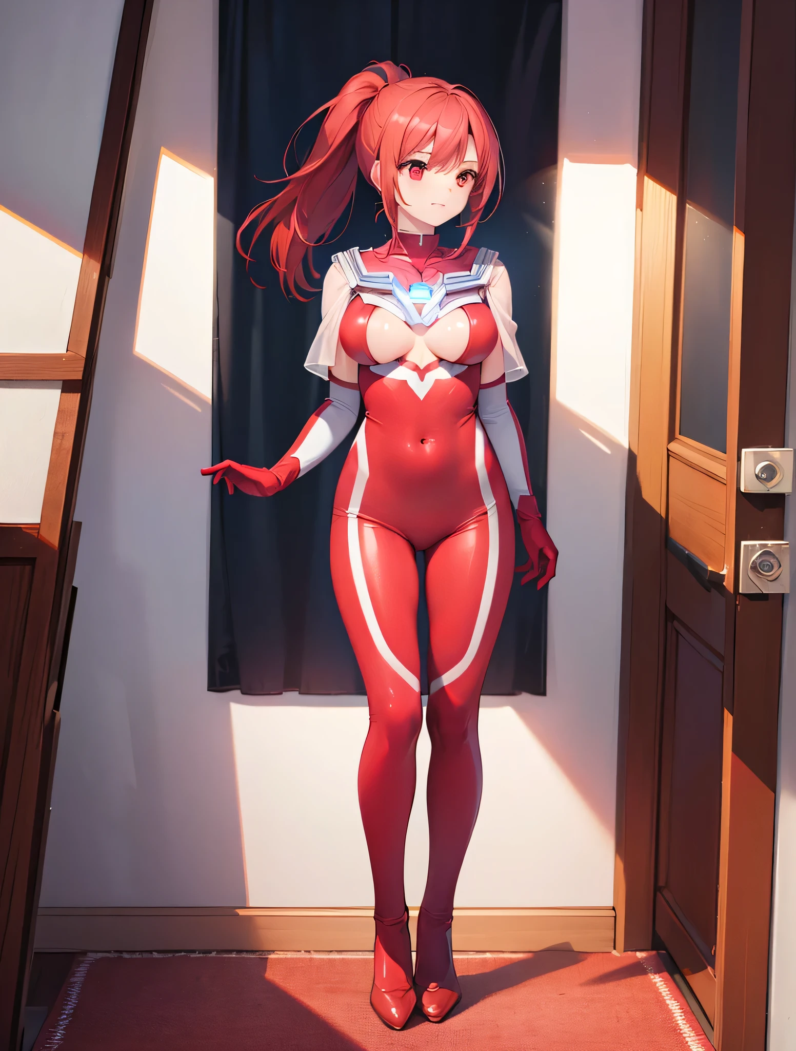 (Close-up:1.3),Realistic,Highest quality, Ultra Detail, High-quality CG rendering, The most delicate and beautiful, Floating softly, High resolution, (1 female), (Highest quality,4K,8k,masterpiece:1.2),(All red hair:1.5), (ponytail:1.5),(Red eyes:1.5), (Ultra Girl:1.0), (All red Ultraman bodysuit:1.5),(Do not expose your skin:1.5),(Slightly larger breasts:1.5),(Red gloves:1.4),(Red Shoes:1.4),(whole body:1.3),(smile:1.3),In a small room,(Are standing:1.4),(Put one hand on your chest:1.3)