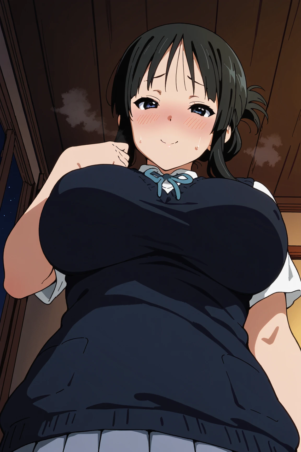 score_9, score_8_up, score_7_up, score_6_up, score_5_up, score_4_up, BREAK source_anime, anime screencap, OharaPaldeansWinsXL, 1girl, solo, looking at viewer, smile, open mouth, black hair, holding, Unedited,Uncensored, portrait,huge breasts,puffy nipples.1boy,??????,?????,Paizuri