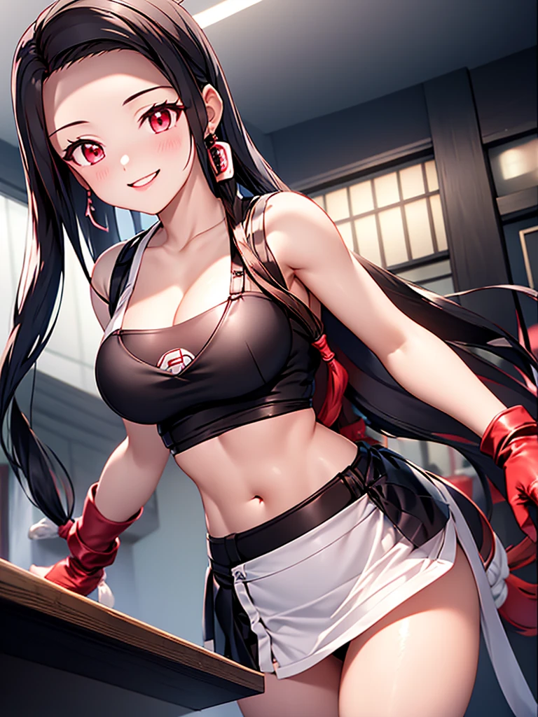 Eliza From Tekken, sensual smile, wearing white shirt and red fitness shorts, in the gym training center