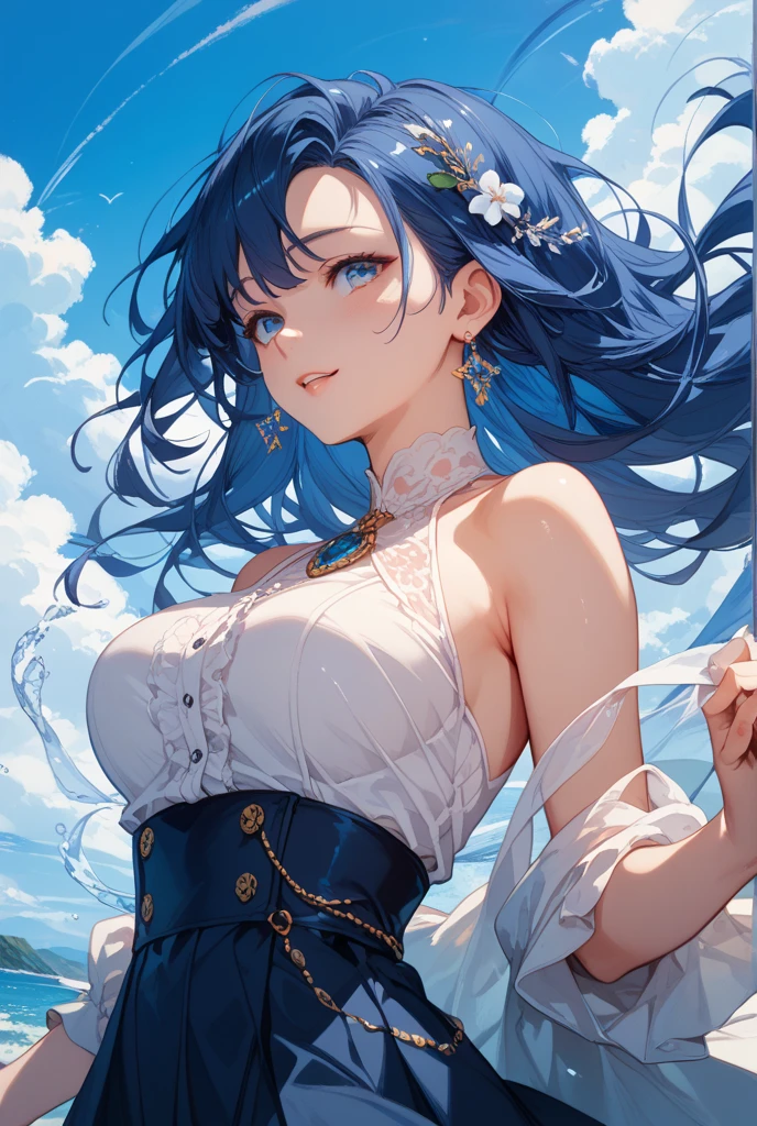 ((Above the shoulder，facial closeups))， Bigboobs， looking at viewert， ultra-realistic realism, Ghibli-style colors,  Ghibli-style colors, japanese manga,  Standing Picture, angle of view,  foreshortening, foreshortening, 8K, super detailing，All women have big breasts,Endless realism, cellshading,，character sheets, reference sheet, Standing Picture, 8K, super detailing, 1080p, Women's HD，femele, 16k, A high resolution, Best quality, high high quality, Anatomically correct, tmasterpiece, Acura, hyper HD，as elegant as a swan，unreal-engine， Ghibli-style colors,   japanese manga,  Standing Picture, angle of view,battle armor，ssee-through，Lace skirt，Blue hair，Red-eyed，Sexy big breasts，Transparent tulle clothes