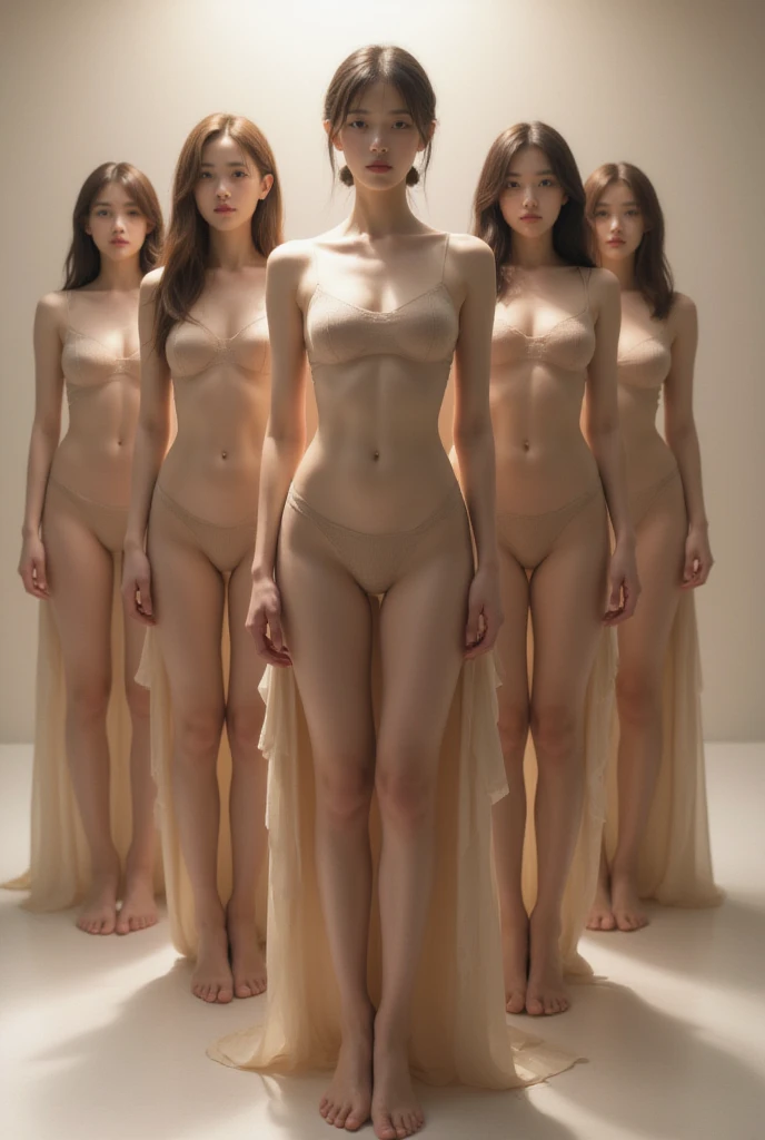 1 naked girl, beautiful face, double eyelid, (completely nude), dark brown short hair, droopy large breasts, thighs, heels, shiny white skin, whole body shot, slim and slender body, earrings, necklace, walking on a runway