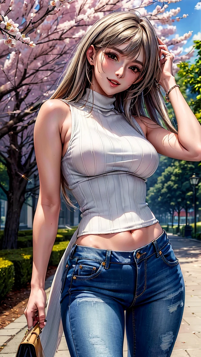 (8k, best quality, masterpiece:1,2), (realistic, photo-realistic:1,37), top quality, masterpiece, a beautiful woman, wearing a shirt for women crop v neck top white t-shirt korean fashion women t with a tight open gray color jacket, beautiful and toned body, cleavage, floral mini skirt, walking in the suburbs, slightly drizzling night background, in shops with Korean-style shop lights, night atmosphere, slightly wet asphalt, seductive smiles with dimples,