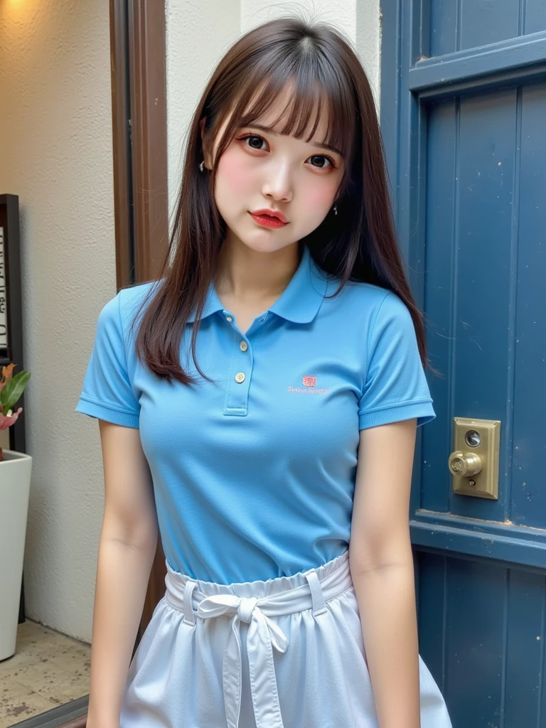 ((Best of the highest quality, 8k, Masterpiece: 1.3, raw photo)), Sharp focus: 1.2, (1 AESPA, slim body type female, 21 y/o: 1.1), (Solo: 1.2), (realistic, photo-realistic:1.37), face focus, cute face, finely eyes, (small breasts, flat chest, Thigh: 1.3), (short messy hair, updo: 1.28), (polo shirt, panties: 1.32), sitting terrace dining, cafe, sun light, flower