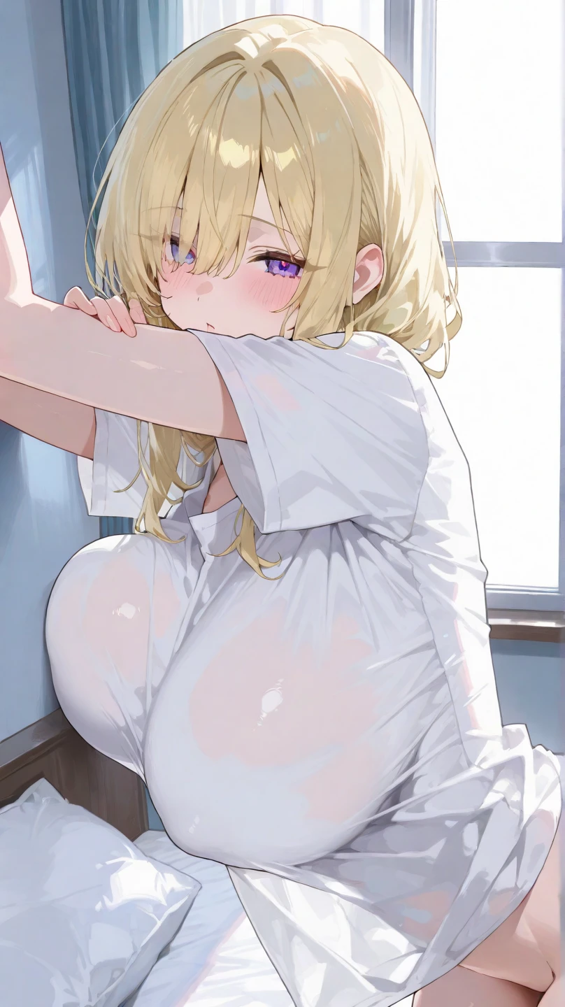 (Highest quality), (masterpiece), highly detailed eyes, highly detailed face, She was lying on her back on the bed with her legs facing forward and her head tilted, wearing tight-fitting pure white long arm gloves, white garter stockings, and a gold Chinese dress with only her left breast exposed, and her skirt was turned up. She was frowning in anger, glaring, crying, and climaxing and convulsing. I shifted her silver panties, which had a large surface area, to the side and inserted my penis into her vagina, and violently inseminated her., whole body, Both eyes are large and evenly shaped, with star-shaped catchlights in the brown pupils., She has a full head of pubic hair, Beautiful Vagina, White semen is spilling out from the gap between her vagina and my penis inserted in her vagina., Blonde, Long Hair, Smaller breasts, Cross-section of uterus with small penis pumping semen into it,
