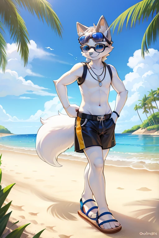 By chunie, by bebebebebe, by teranen, by fluff-kevlar, by zaush, by fluff-kevlar by Zackary911, uploaded to e621, (((high quality))), Furry, solo, (((Jack))), (golden retriever), (brown eyes), Beastars, topless, nipples, (((twink))), (((swim briefs))), (((tight clothing))), (bulge), ((hands on waist)), (smirk), (((smug expression))), (((sassy expression))), (((round glasses with black frame and pink glass lenses))), background, ((detailed background)), beach, ocean, (palm trees)
