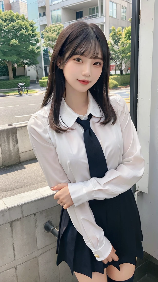 korea 、여름 school 유니폼 셔츠、tight shirt、ribbon tie、skirt side、school、school 계단、Emphasize your chest with both arms、slim big、8k RAW photos、highest resolution、age:18 、Japanese、hurt eye、very big and round breasts、Beautiful eyes are depicted in detail、long eyelashes、Your double eyelids are pretty、eye shadow、eye line、slim eyes、elongated eye shape、Sanpaku eyes、pretty and thin legs、pretty and thin thighs、random shorthair、Tie your hair behind your head.、earring、light brown hair、(wearing pantyhose)、My thighs are erotic、laugh、slightly open mouth