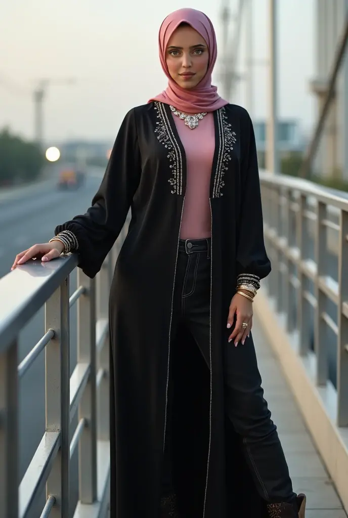 A very beautiful woman in navy hijab, cute face, facing the viewer wearing a modern trend navy robe dress with intricate embroidery, ((full body)), wearing black jeans wearing black Vans shoes with an outdoor background around which there are green trees with a clear sky