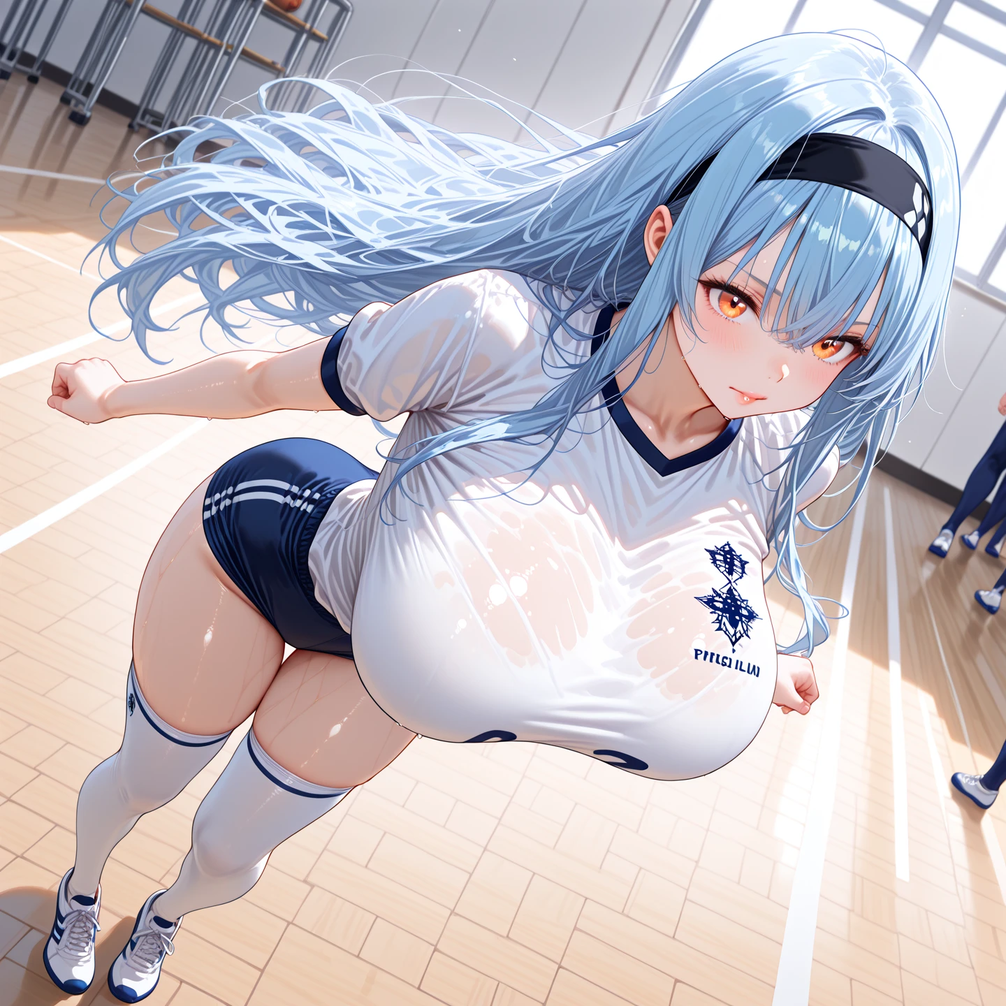 Soccer court、Half-naked soccer player、Wearing a uniform、low length、Big Breasts、White breath tspread pussy， uterus｝ fitafter sex｝｝｝Long rainbow hair and blue eyes、｛Sitting with legs apart in M-shape,The hole of the pussy is wide open and the uterus is visible.」Sweaty、Ahegao、Sticking out your tongue and drooling、Her pussy is so plump、Front view 8K、masterplece ｛ ｛White liquid is dripping from her pussy］］Masterpiece
