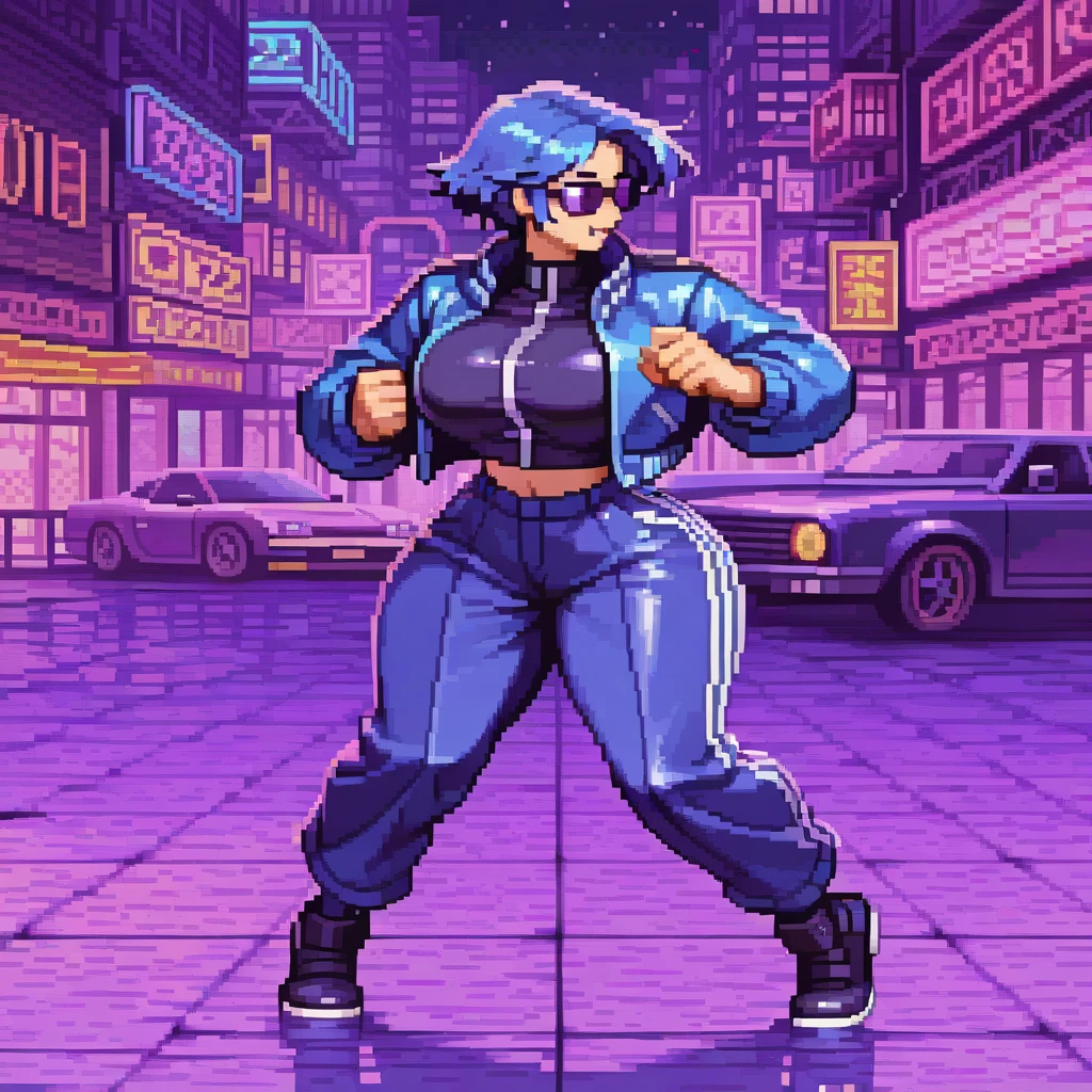 Csp2Pixel, from side, fighting stance, detailed background, dynamic pose, full body, portrait, 
1girl, cyberpunk clothes, multicolored clothes, jacket, sunglasses, blue hair, pants, curvy, huge breasts, narrow waist, wide hips, thick thighs, neon lights,, night, cars around,
<lora:Csp2PixelArtPonyYIL_Style:1.2>