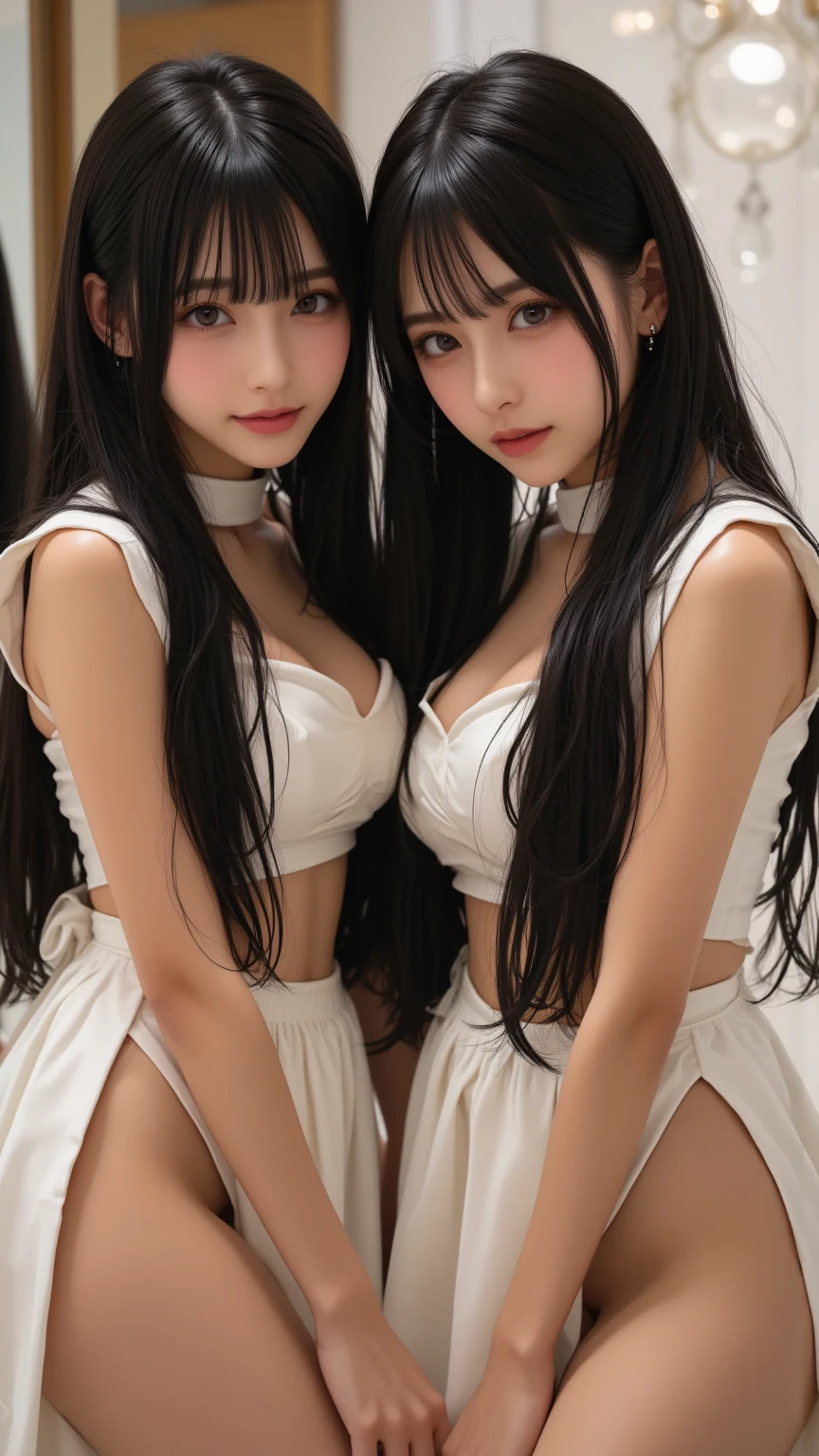 Black and white tiles, reflective floor, 2 8-year-old girls, twins, red and blue, maid outfit, white shawl, cute outfit, shorts, character focus, Tyndall effect, cinematic lighting, looking to the camera,