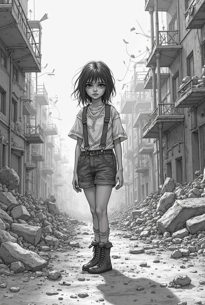 line art, minimal stroke possible, 1 girl, poor, destroyed city, destroyed vehicules, ruins, old time, ancient, paper cut, colorful, ((masterpiece: 1.3)), 8k