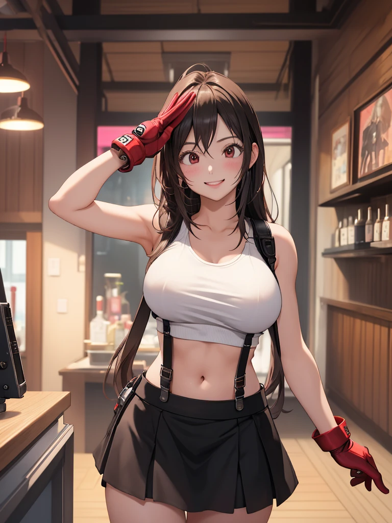 (grabbing from behind), (throw_hand, pink vibrator remote switch in throw_hand, throw:1.2), One girl, One boy, highest quality, Super detailed, masterpiece, Ultra-high resolution, 8k, Ridiculous, Cowboy Shooting, Blurred, One girl, Focus on the girl, Embarrassing, blush, Lovely, Close one eye, With tears in her eyes and her mouth open, What saliva leaves behind, Wet skirt hem, (Sticky panties:1.1), Bulging of the vibrator cord, Vibrator with Garters, (cleavage), Classroom Background, (Tifa Lockhart:1.2), The skirt is accidentally exposed,(medium breasts), Accidentally exposed panties