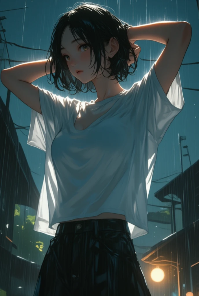 score_9, score_8_up, score_8, 1girl, wet clothes, seetl through shirt, raining, suburban side walk, overcast day, grimace, orange shorts, uncomfortable ,score_7_up,score_6_up,masterpiece, ,cartoon,,