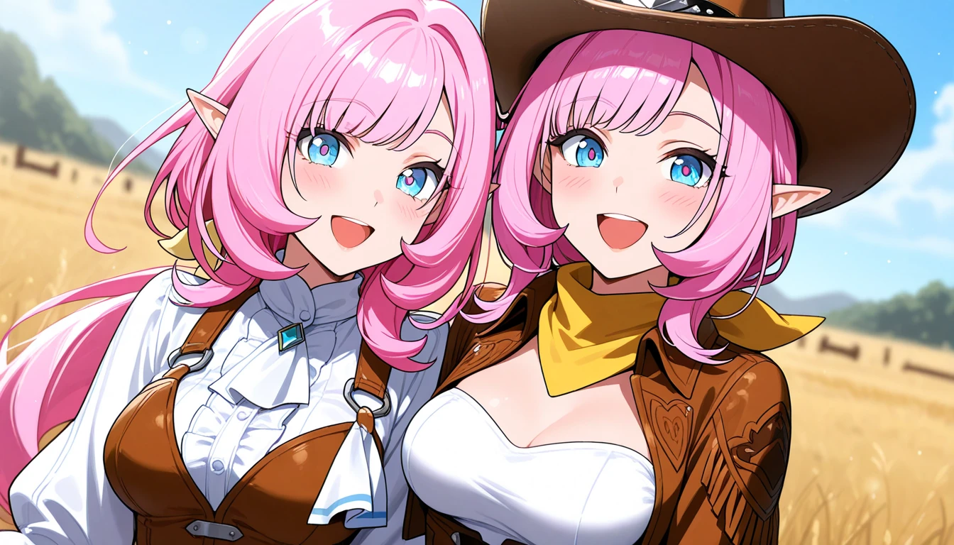 ((multiple girls:1.3)), ((moe style:1.3)), ((cowboy suit:1.3)), ((revolver:1.3)), ((saloon:1.3)), ((large breasts:1.3)), ((centerfold:1.3)), ((extremely feminine:1.3)), perfect hands, ((perfect face)), ((extremely cute:1.3)), ((masterpiece)), ((8k)), ((best quality)), ((beautiful)), ((extremely detailed:1.3)) , ((absurdres)), AddXL, ((score_9:1.3)), ((score_8_up:1.3)), ((score_7_up:1.3)),