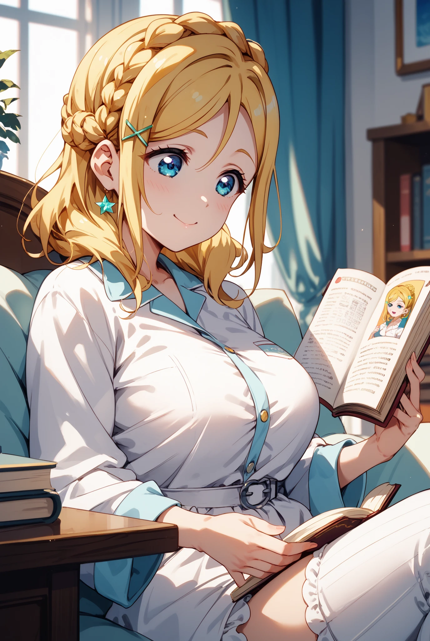 One girl, Anime illustration, detailed, beautiful, Anime Art, Anime Art, library、Librarian attire、Big Breasts、Long Hair, Blonde Hair, Bright Blue Eyes, , smile, A slight blush, Glasses, Open Hair, ,Ultra HD
