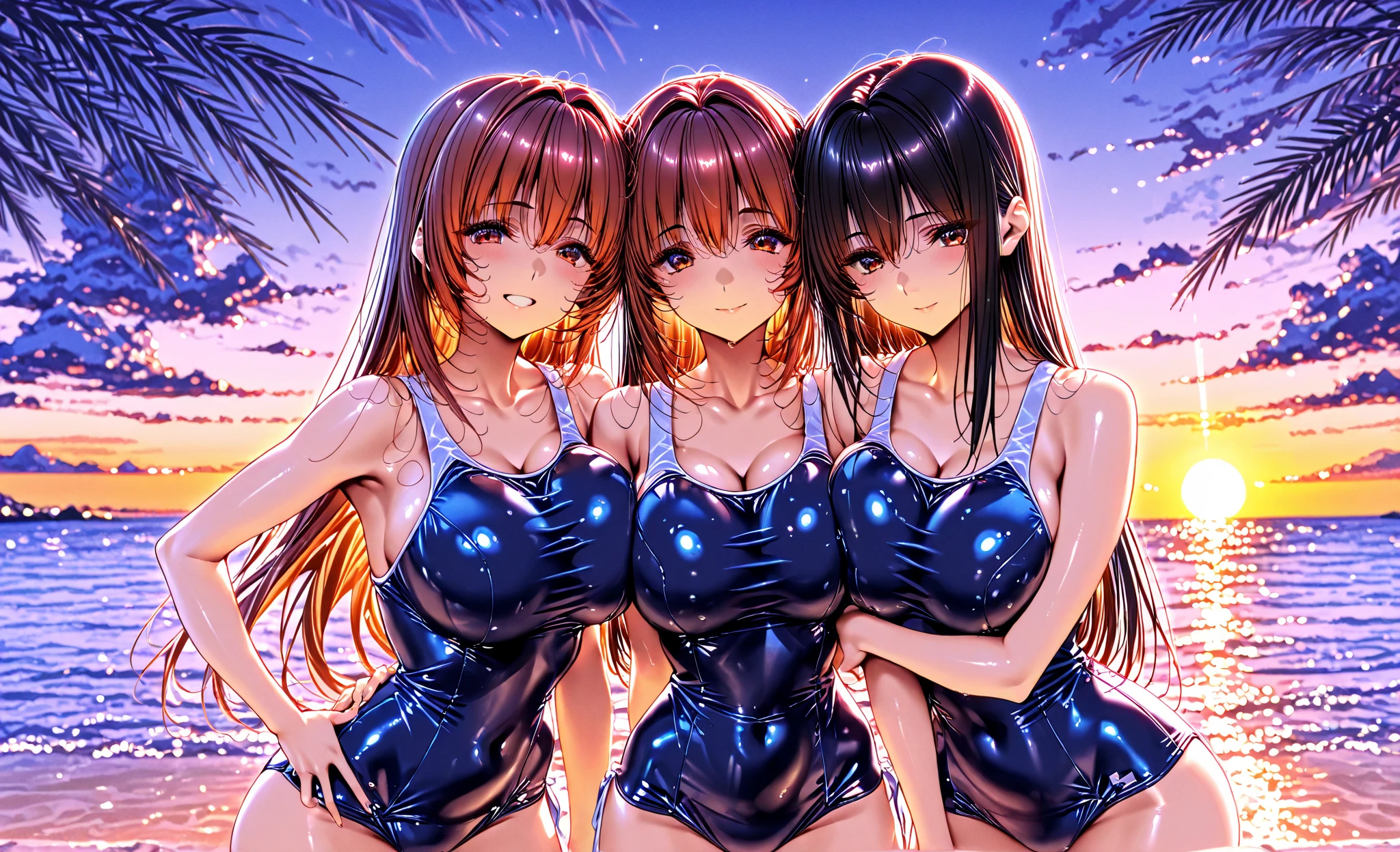 raphtalia. Beautiful 28 year old woman with bear ears., bright orange hair . High-quality detailed ruby-like red eyes. SMILE, blush , big breasts bikini azul detallado. He is walking on a tropical beach. reflection in the water, drop of water on your body, bright sun background clear sky.. WET BODY. big breasts, clear skin. focus on her breasts closeup, SMILE feliz mostrando los dientes,(((multiple girls))),(((3 girls)))