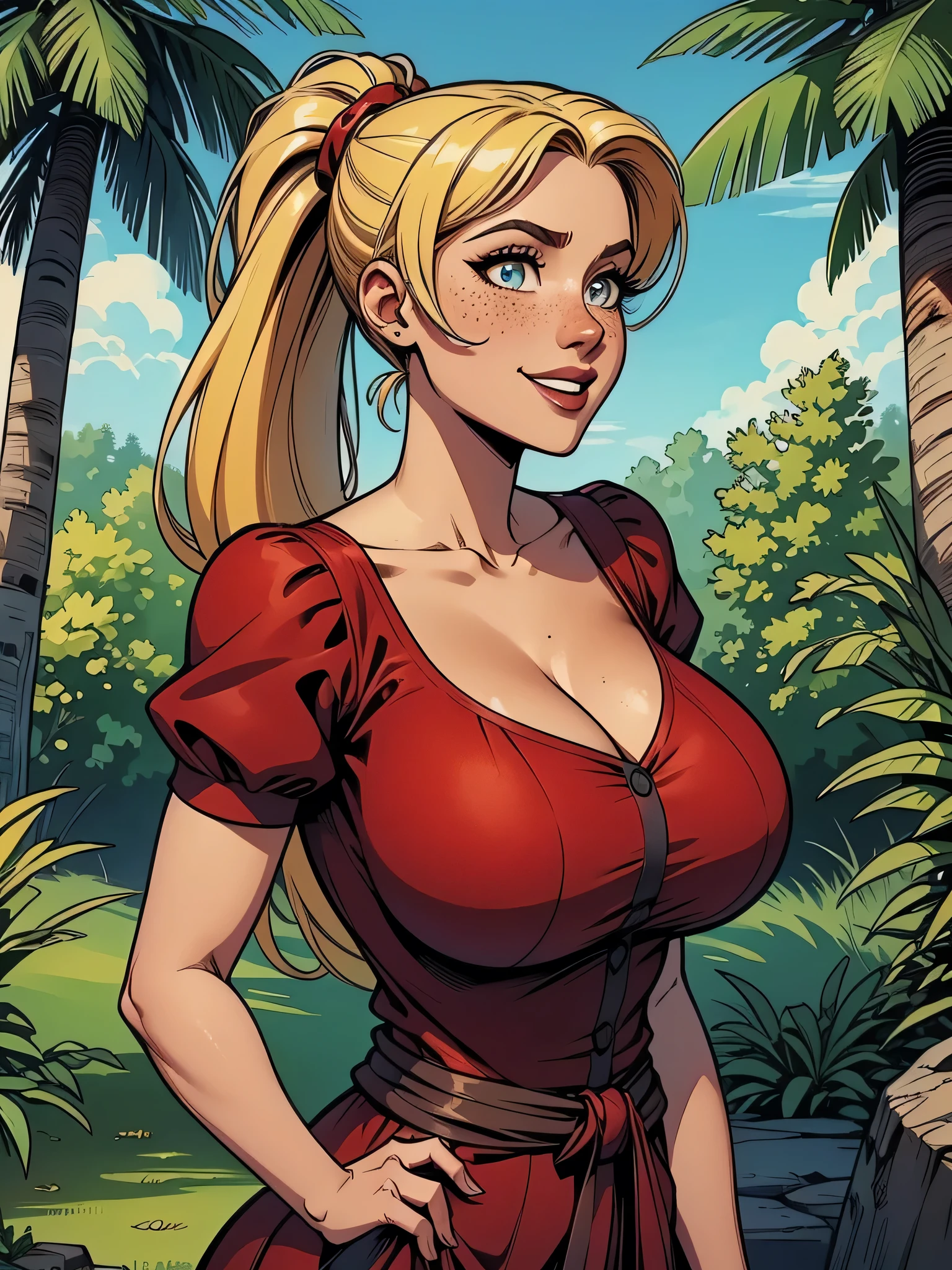 Personagem mulher PinUp dos anos 30 com marcas de guerras Imagem de desenho animado de uma mulher .cartoon style illustration, estilo de arte dos desenhos animados, estilo de arte dos desenhos animados, digital illustration style, design de personagens altamente detalhado, arte digital detalhada coragem, Forest fan art, Design de personagens de retrato, beautiful digital illustration, retrato de alta qualidade, Arte em quadrinhos, mulher jovem cabelo com transas lindas . Beautiful lined eyes Medium large bust and wonderful sexy clothes. image expression of sexual desire from the waist to the head illustration