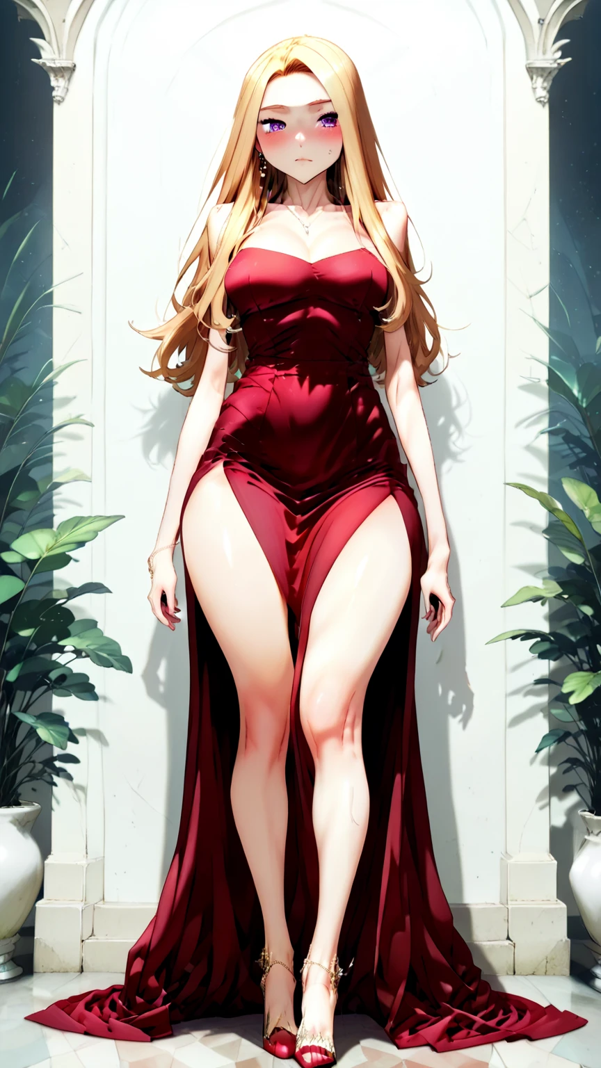 high stature, long hair light chestnut tone, big and almond eyes, intense green eyes, slender and elegant figure, wear a elegant red dress, busty