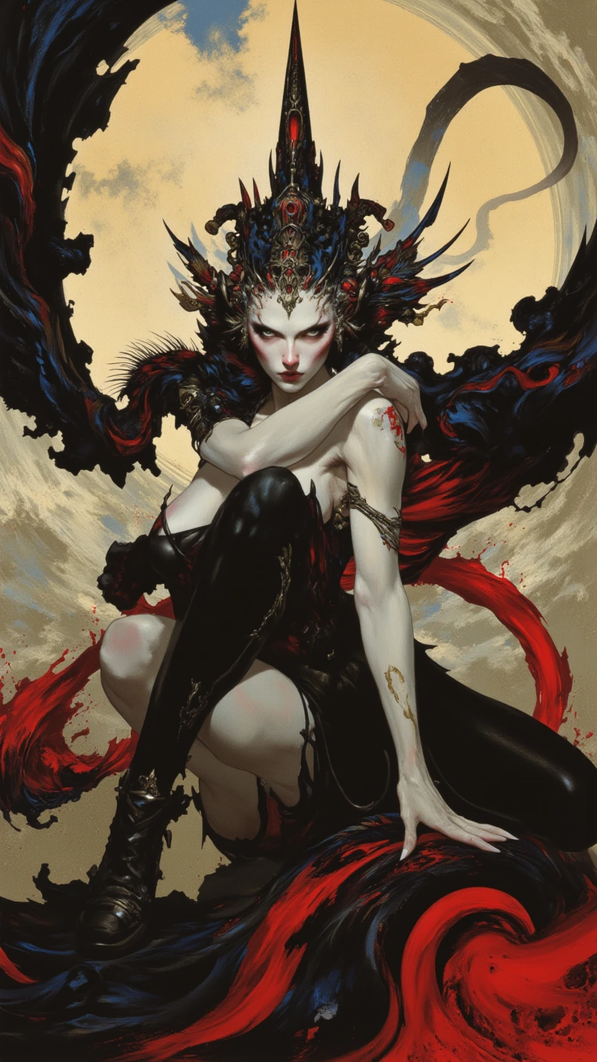 monochrome,weight,NSFW,upper part of body,A nude devil woman with a black and white body stocking dress holding a red lipstick,Satan,Succubus,blue eyes,Clothes detailed patterns,posture,spread legitimacy,Detailed gothic background,dark fantasy background,Inspired by Robert McGinnis, Inspired by Gretel Stern, Takato Yamamoto’s style, Guido Crepax, Guido Crepax-style, with hands, Vanya Zoravlev, Inspire by Leonor Fini, long furry tail, Inspired by Takato Yamamoto.Inspired by Klimt and Mucha. beautiful eyes, Beautiful and delicate lips, Extremely detailed eyes and face, Long eyelash quality:1.2), Super detailed, (actual:1.37), painting, color contrast, high resolution, black and white dress, red lipstick, Inspired by Robert McGinnis, Inspired by Gretel Stern, Yamamoto Takashi style, Guido Crepax style, with hands-Inspire, Vanya Zoravlev-Inspire, Leonor Fini&#39;Inspire, long furry tail-Inspire, Inspired by Takato Yamamoto, bright colors, dramatic lighting, eye-catching composition, fun atmosphere, Feminine elegance.Forged，painting，Impressionism