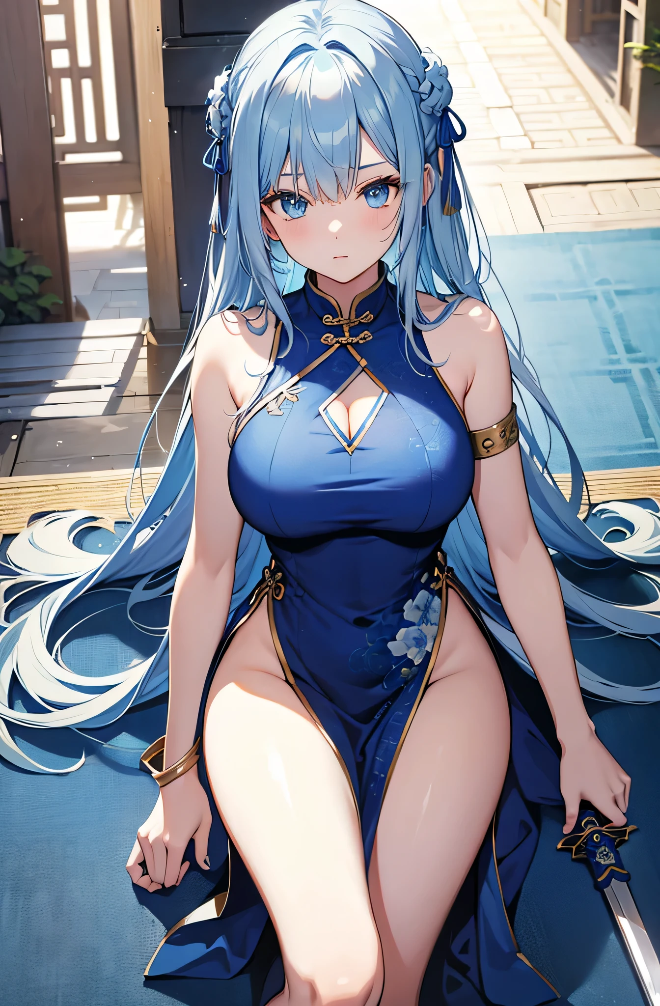 She is touching her clit in her Chinese dress、8K、、Highest quality、Tabletop、Ultra HD、Ultra-detailed、so beautiful、Ultra-detailed髪質、so beautiful、Portrait、Esbian all over、Captivating look、Beautiful woman、Long Blue Hair、blue eyes、Glowing Skin、bursting breasts、Very large breasts、Very big ass、Water droplets running down the skin、The background is a great night pool、naked、Excessive pubic hair growth、Two arms、Two Legs、I can see the、blush、She looks like she&#39;s feeling good、Detailed and high resolution clothing fabric、I want to see her pussy、彼女のI can see the、The Chinese dress has a honeycomb pattern.、Sweat dripping down my entire body、Sexy black stockings in Chinese style:1.5