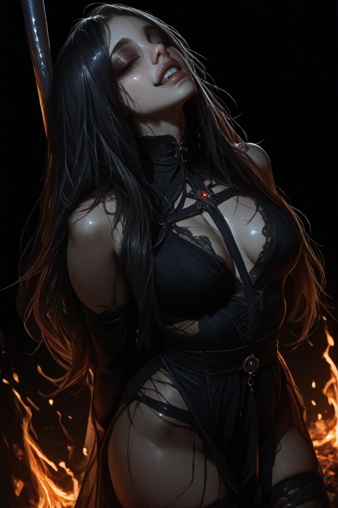 Anime style, succubus, demon, long black curly hair, sharp amber-orange eyes, curved horns
