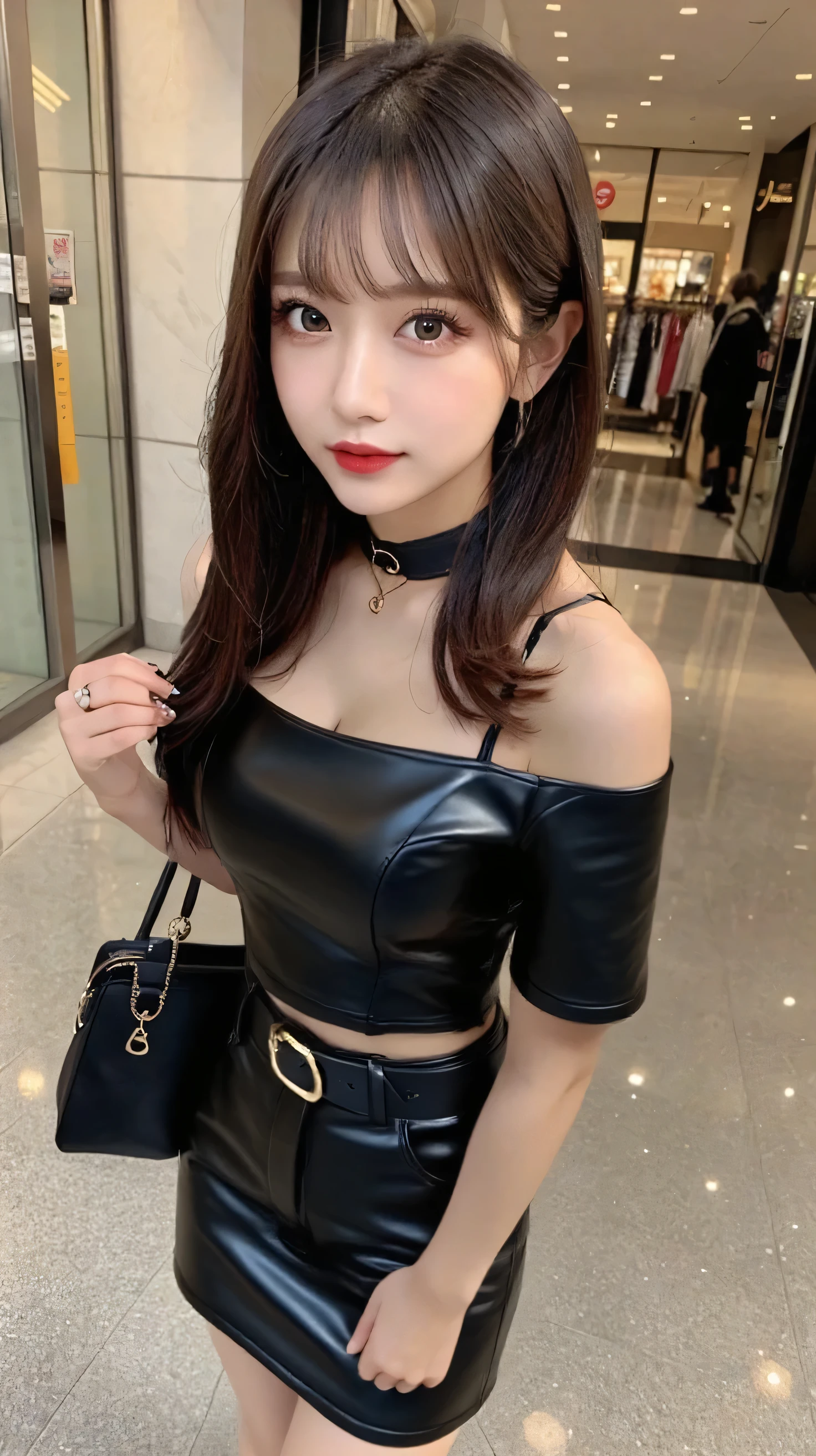Super stylish model, Beautiful smile, (Droopy eyes),Bold Lipstick, Lip gloss, eyeliner, Vibrant eyeshadow, ((Bob cut hairstyle)), (Large sparkly necklace), (big shiny bracelet), (Bare mid-chest), (Dark grey leather mini skirt), Improve, (Short stylish brown hair), Sweet and sexy, Captivating look
