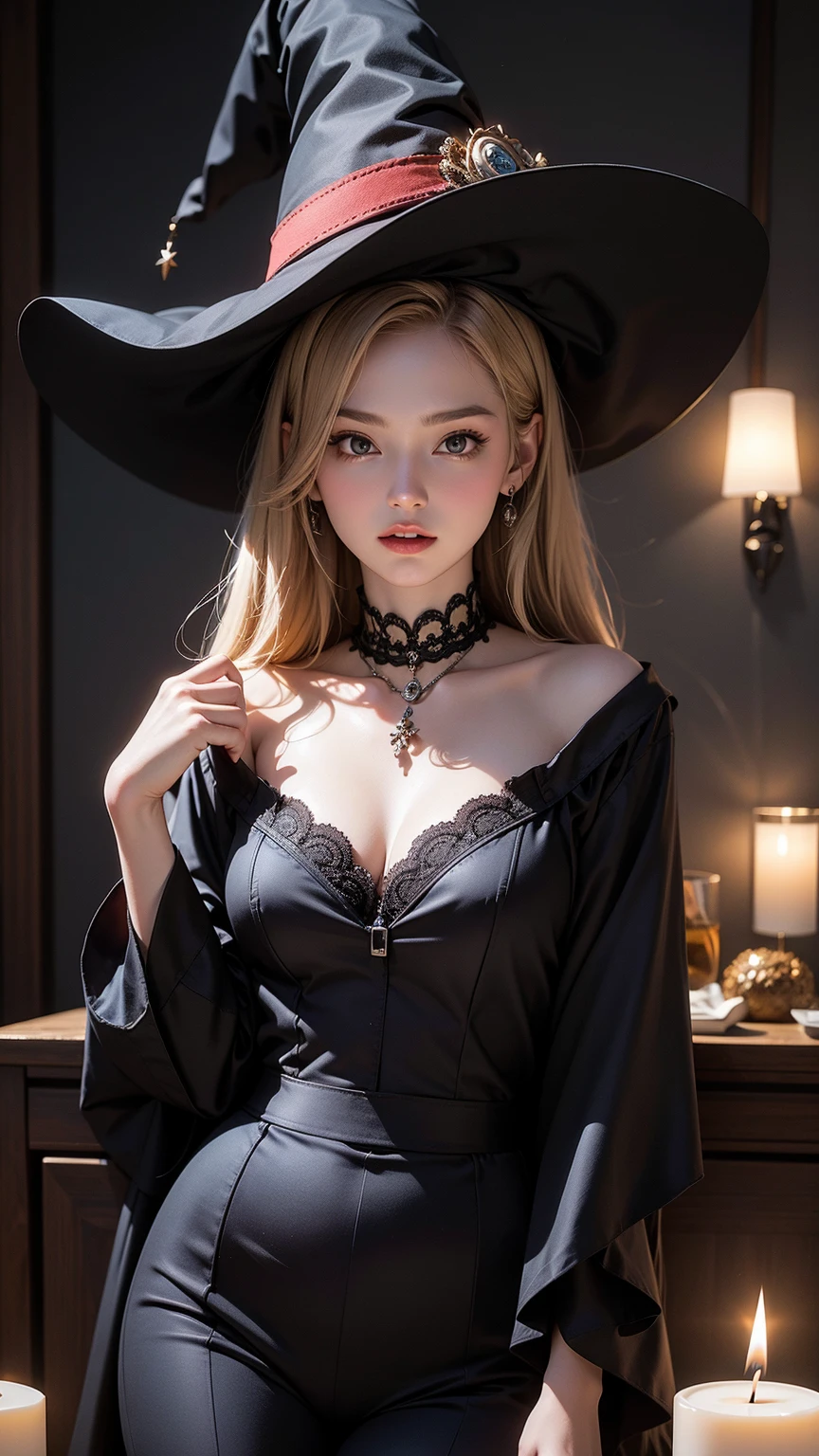 Big breasts, ((1 Beautiful Witch)), ((Blonde hair, long wavy hair with bangs,)) (((1 witch, Solo))) )) ((23 years old)) Blue eyes, Have a very sexy body, Full chest and narrow waist, And a very sexy body, Witch Hat, Medium dress European dress ruffles Stylish open long sleeve blouse with chest slightly open, Low cut with delicate dough, Has a bold look heavy and heavy makeup. 年轻, quality, Realistic, fantastic quality, Poses, ((((Perfect face)))) Gentle expression, Soft lips, Calm expression, The house of the creepy witch sitting on an old torn sofa, Magic, witchcraft, Boiling cauldron, casting spells, spell book, Bookcase full of cobwebs