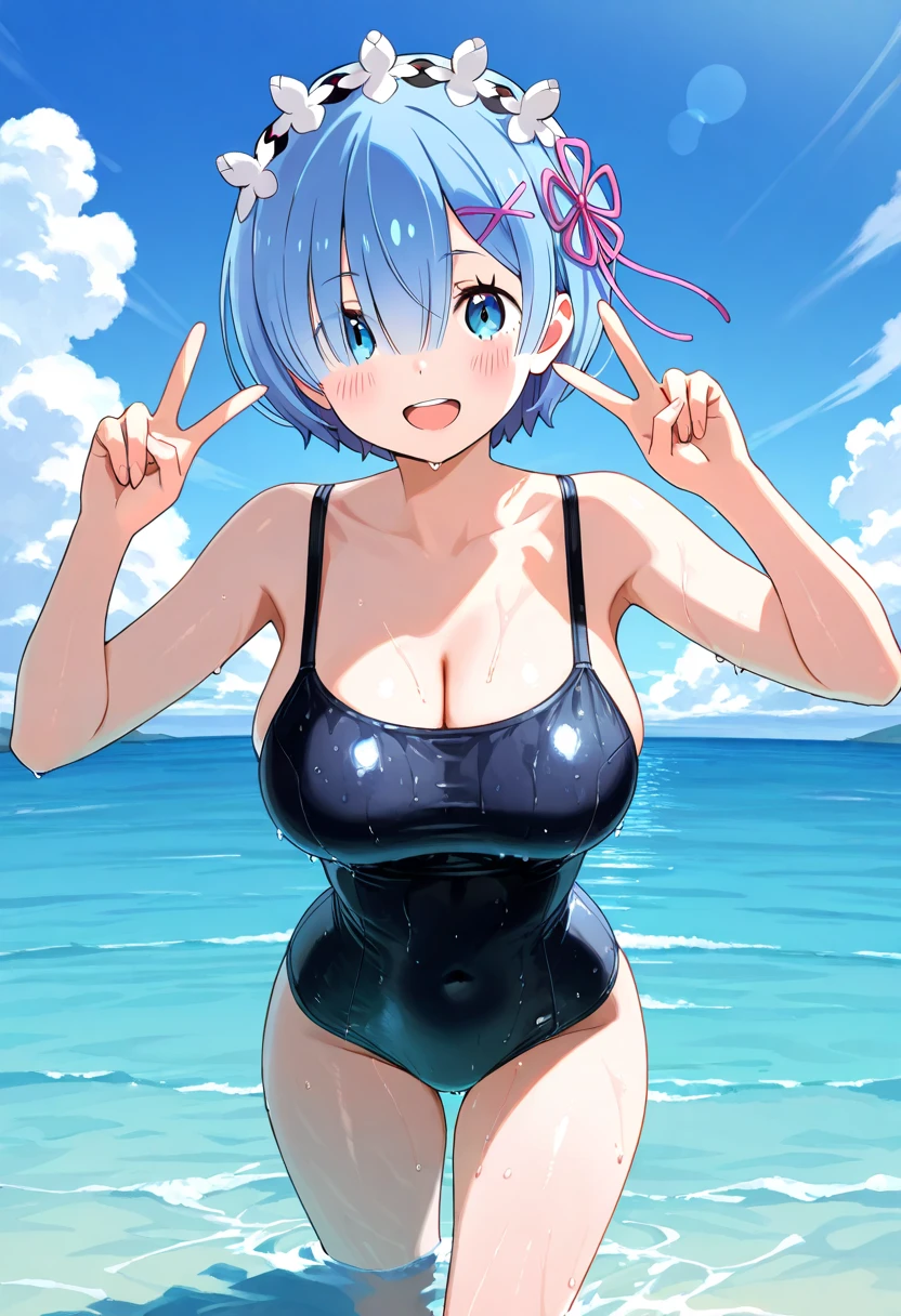rezerorem, <lora:remtest:1>, rem, blue eyes, blue hair, hair ornament, hair over one eye, hair ribbon, short hair, x hair ornament,
BREAK bikini,
BREAK outdoors, beach,
BREAK looking at viewer,
BREAK <lora:GoodHands-vanilla:1>, (masterpiece:1.2), best quality, high resolution, unity 8k wallpaper, (illustration:0.8), (beautiful detailed eyes:1.6), extremely detailed face, perfect lighting, extremely detailed CG, (perfect hands, perfect anatomy),