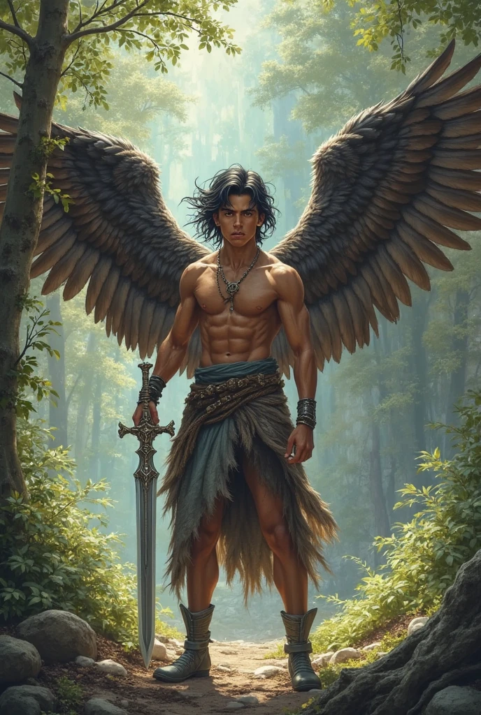 Solo character, indigenous man, anthropozoomorph, humanoid, large feathers, tabby body, wings on the back [blue body:1.2+white body:1.1+grey], human, [grey owl head:1.5], winter forest, amazon)