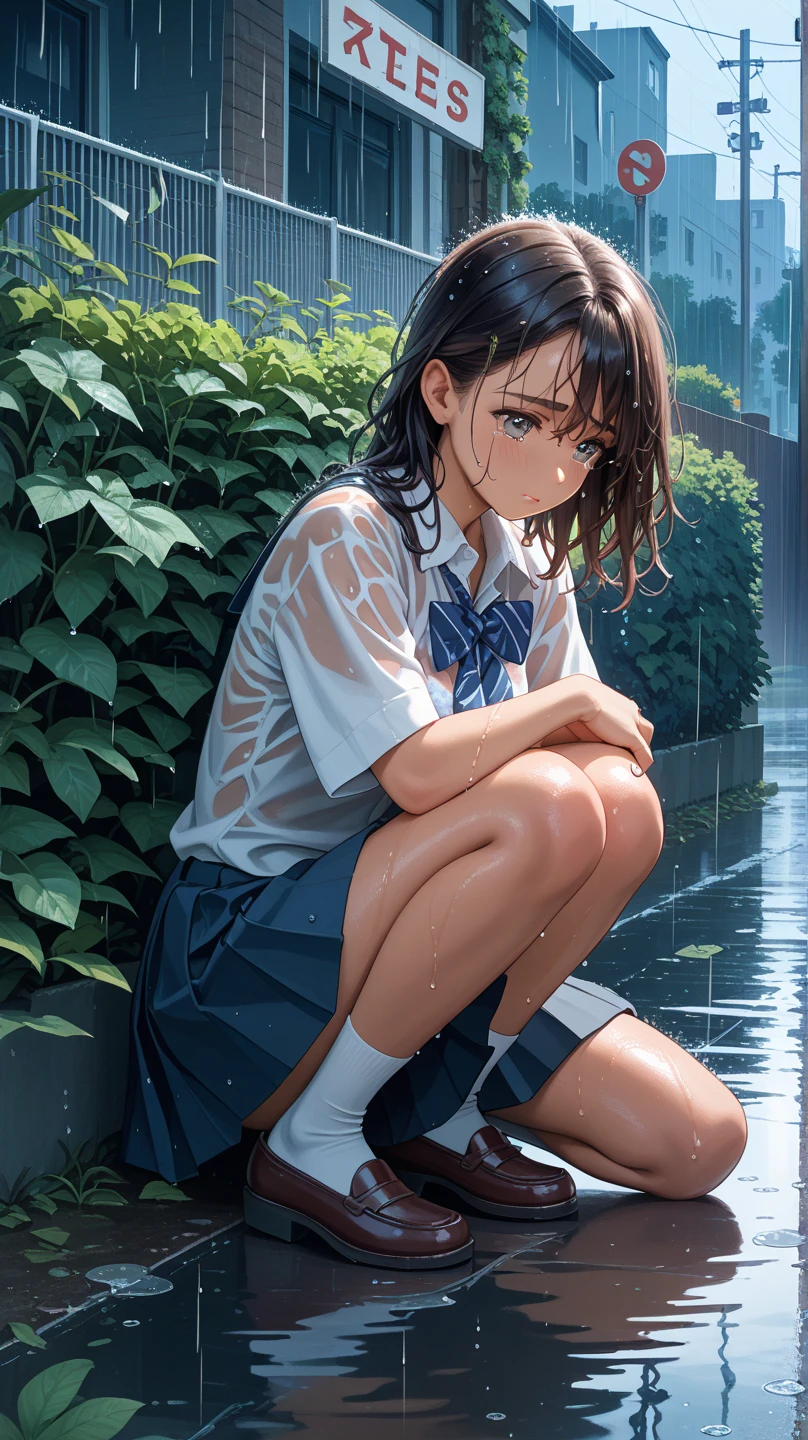 1girl、Black Hair、Sailor suit、Wet clothes、Wet Hair、Grass、rain、evening、Reflection on the water、puddle、deep faint light 、 detailed CG、high resolution