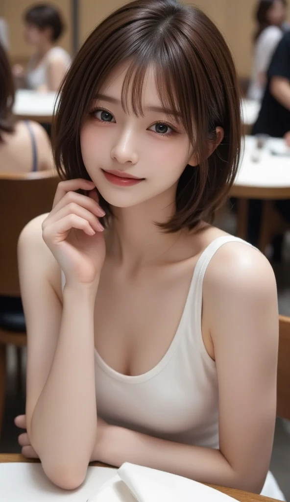 ((Highest quality)), ((masterpiece)), (Familiar), Perfect Face, masterpiece、Highest quality、High resolution、wallpaper、Realistic、Bright lighting、Professional Lighting、Face Light、Smooth lighting、Japanese women、20th Gen Midplate、so beautiful、Beautiful Skin、Beautiful and exquisite、Familiar顔、slim、moderately、short hair、Brunette colored hair、Brown eyes、Looking into the camera、Cafe sofa、 Commercial Photography, Beautiful Instagram influencer girls, The best smile,Daytime
