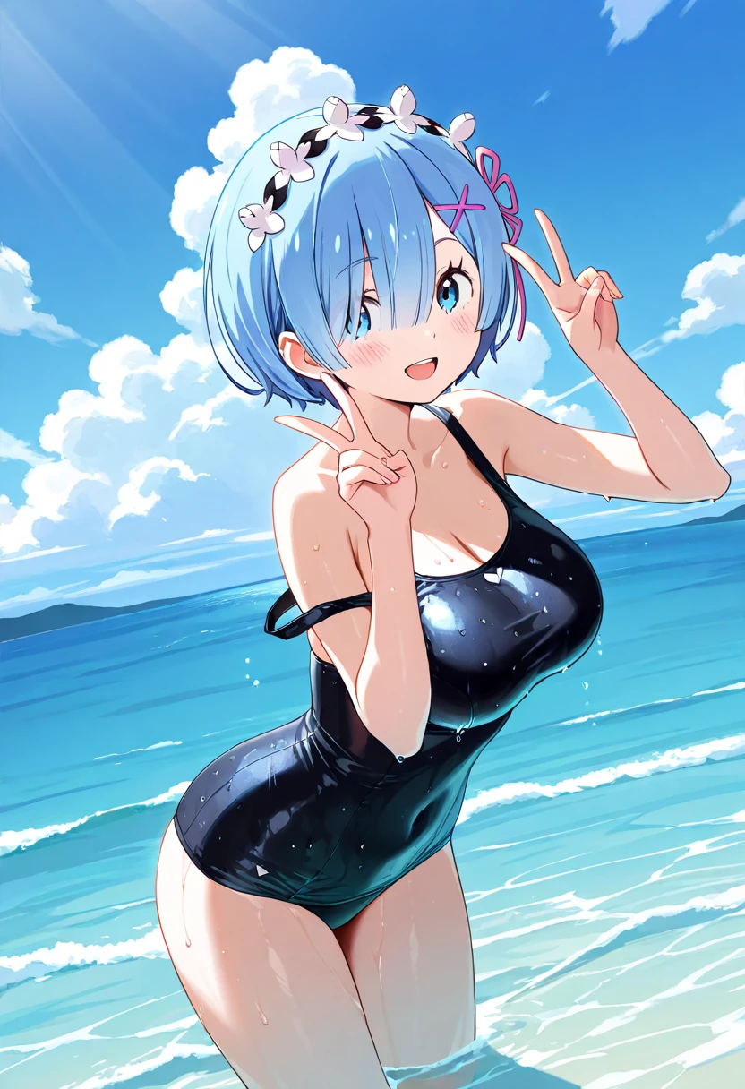 ((highest quality:1))、((Highest quality:1.8))、((Highest Resolution:1.9)),masterpiece, ((Mature woman:1.8))、age((Age 25)),Photo of akane kurokawa, Aqua Eye, Blue Hair, ((Medium Hair)), ((Inward Curling Bob:1.5)),Side Lock, ((Very large breasts:1.9))、((Wearing only blue underwear:1.5)), (White skin), (sweating) ,(Beautiful views),(Perfect Face), masterpiece, blush, One girl, alone, Smooth anime CG art.8 gold necklace)、((white headband)),((Sunny day beach)),